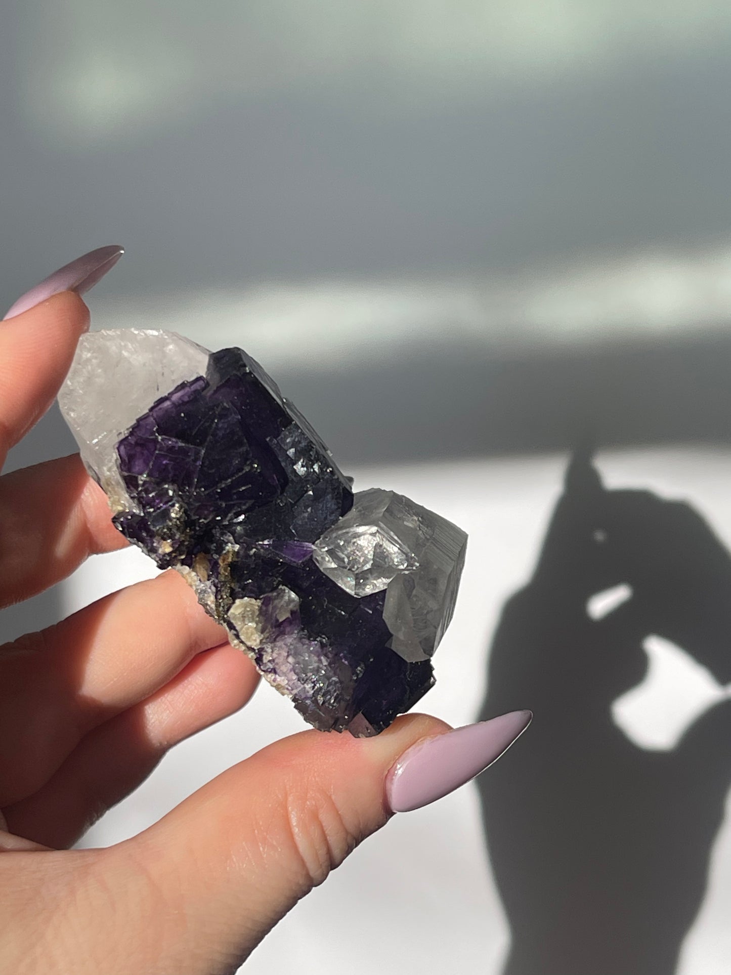 Yaogangxian Purple Cubic Fluorite with Double Quartz Points - 111 grams