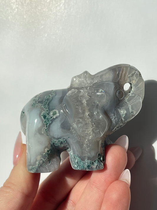 Moss Agate Elephant Carving