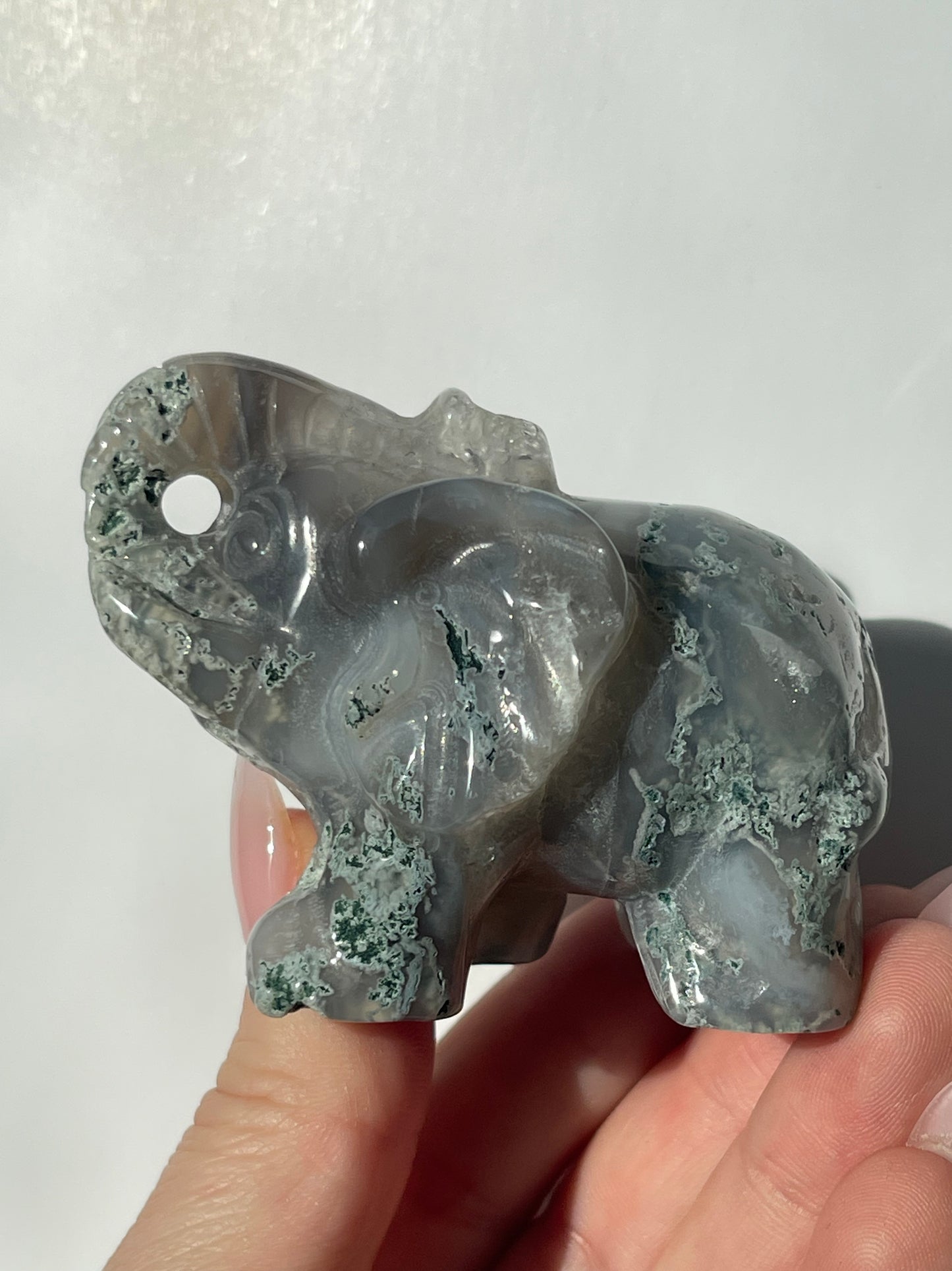 Moss Agate Elephant Carving