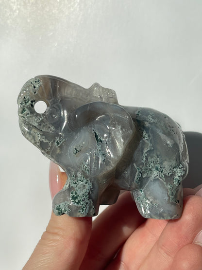 Moss Agate Elephant Carving