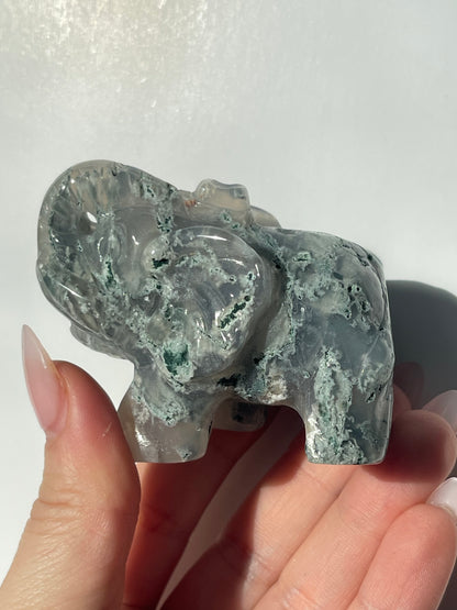Moss Agate Elephant Carving