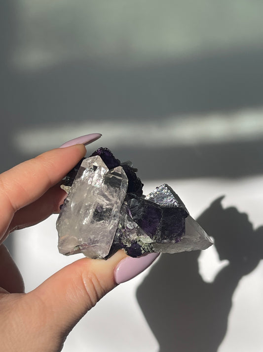 Yaogangxian Purple Cubic Fluorite with Double Quartz Points - 111 grams