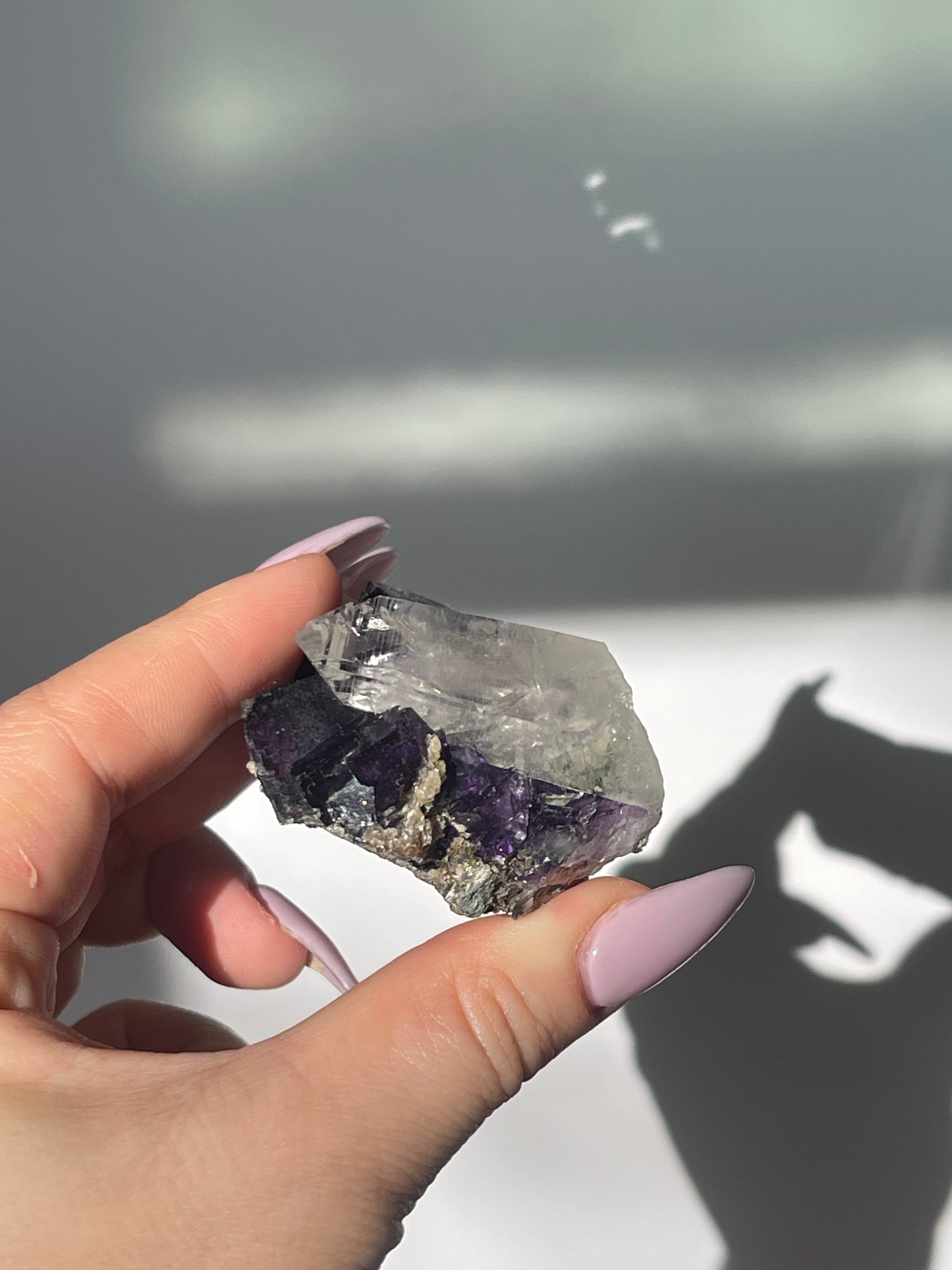 Yaogangxian Purple Cubic Fluorite with Double Quartz Points - 111 grams