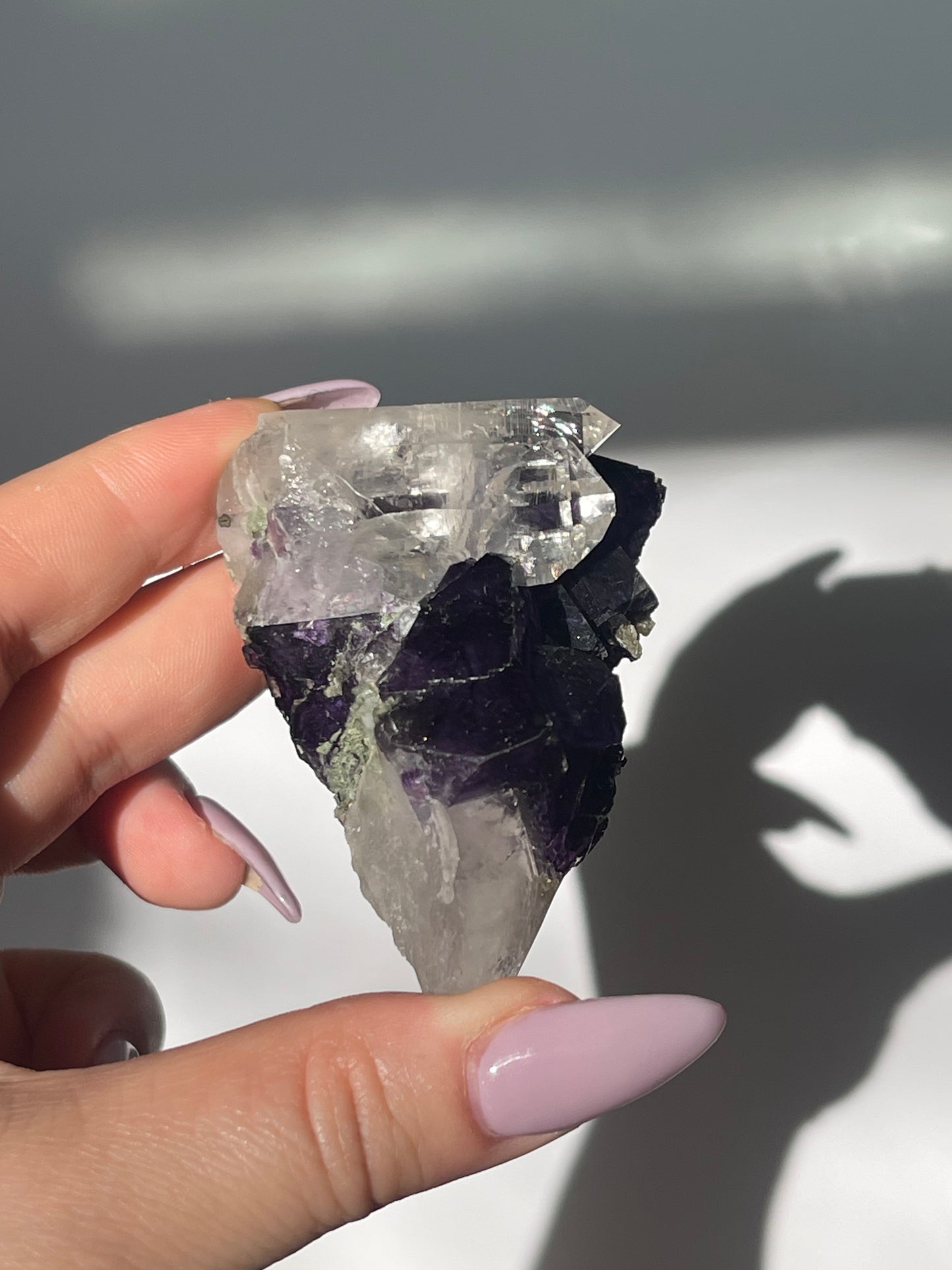 Yaogangxian Purple Cubic Fluorite with Double Quartz Points - 111 grams