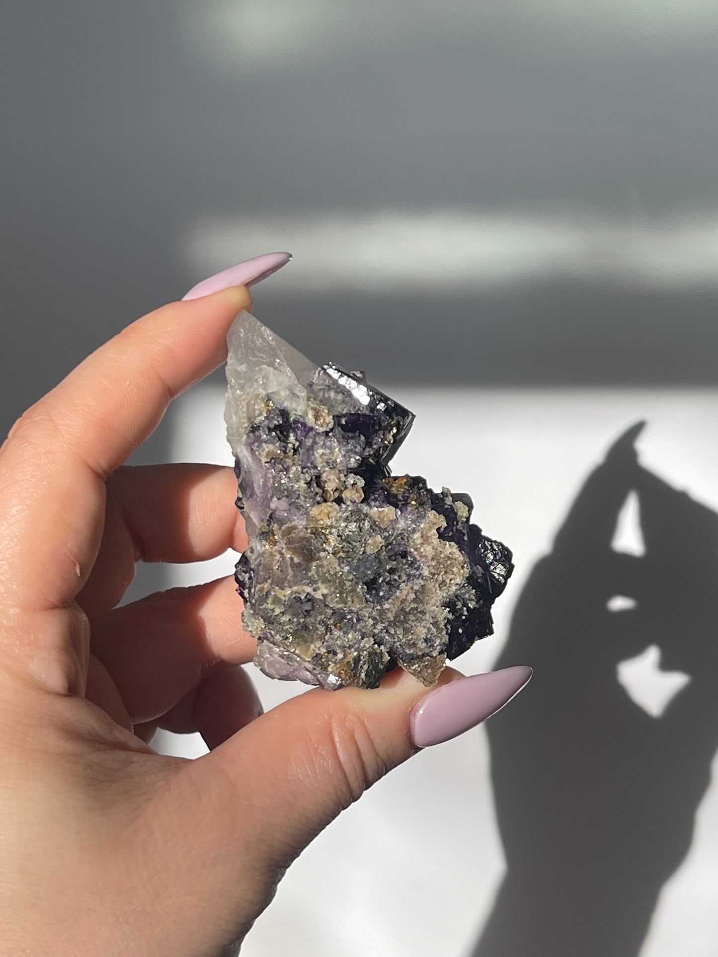 Yaogangxian Purple Cubic Fluorite with Double Quartz Points - 111 grams