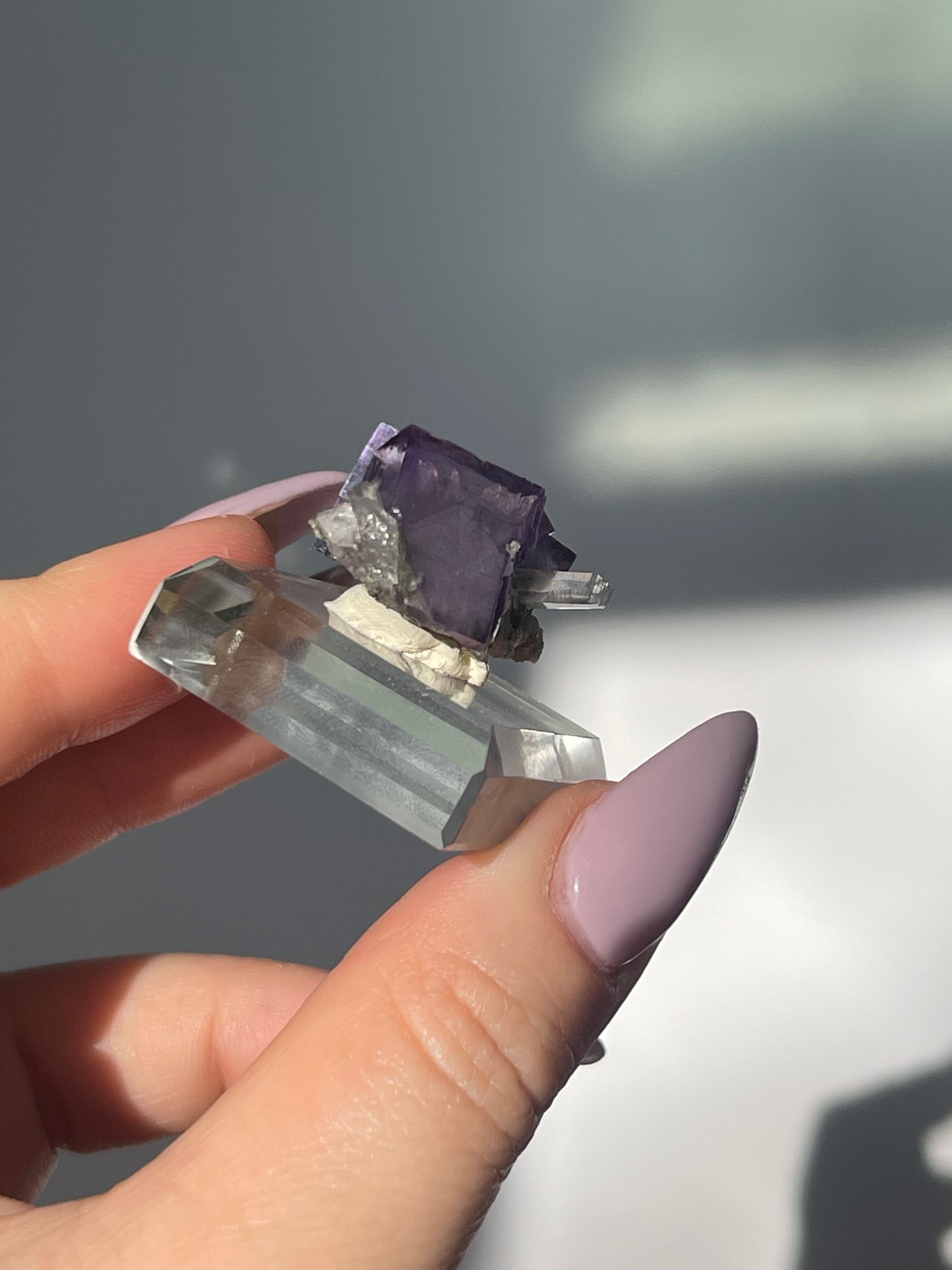 Yaogangxian Purple Cubic Flourite with Quartz/Mica - 11 grams