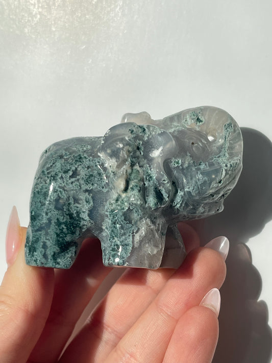 Moss Agate Elephant Carving