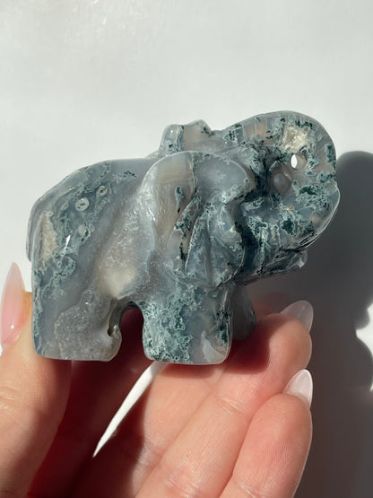 Moss Agate Elephant Carving