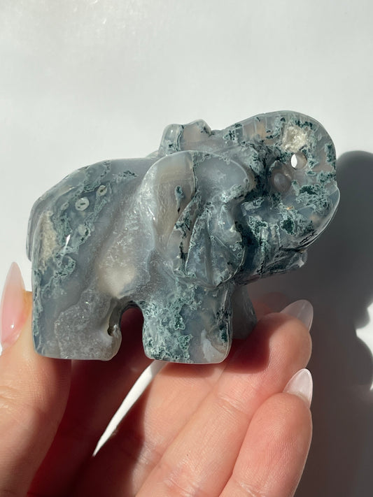 Moss Agate Elephant Carving