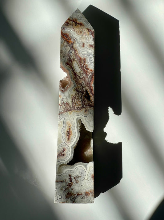Mexican Crazy Lace Agate Tower with Druzy Caves
