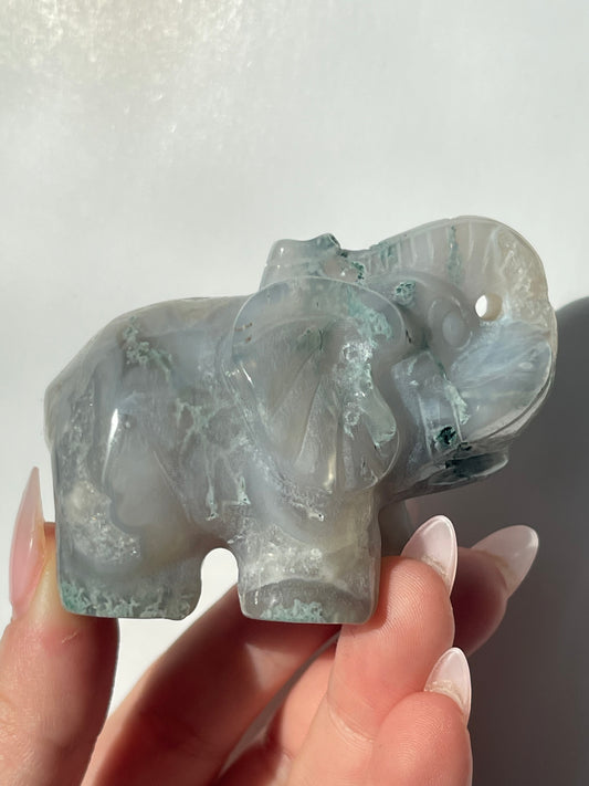 Moss Agate Elephant Carving