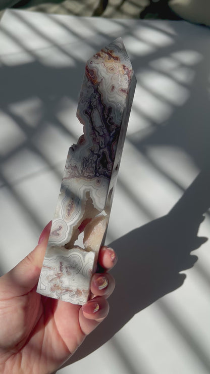 Mexican Crazy Lace Agate Tower with Druzy Caves