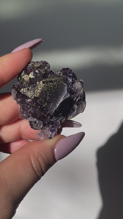 Yaogangxian Purple Octahedral Fluorite with Pyrite Coating - 30 grams