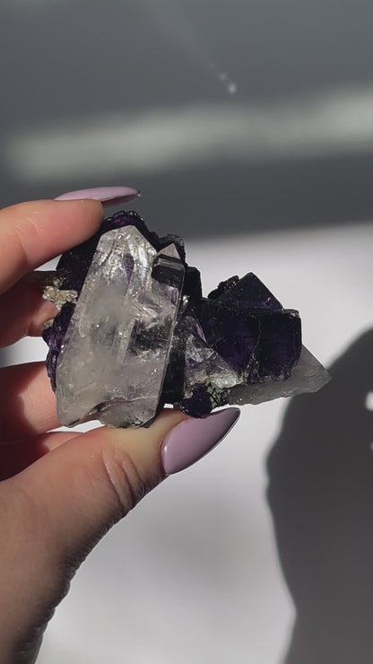 Yaogangxian Purple Cubic Fluorite with Double Quartz Points - 111 grams